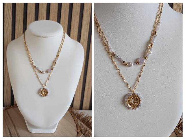 collier double coeur rose pastel 